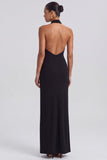 Halter Keyhole Sheath Long Black Tie Dress with Slit