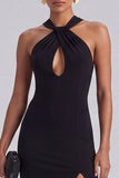 Halter Keyhole Sheath Long Black Tie Dress with Slit