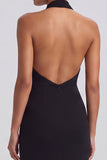 Halter Keyhole Sheath Long Black Tie Dress with Slit