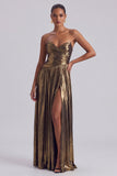 Metallic Gold A-Line Ruched Strapless Long Formal Dress with Slit