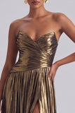 Metallic Gold A-Line Ruched Strapless Long Formal Dress with Slit