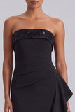 Strapless Mermaid Ruched Sequins Long Black Tie Dress with Ruffles
