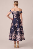 Off The Shoulder A Line Floral Navy Midi Mother of the Bride Dress