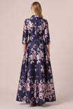 Navy A Line Floral 3/4 Sleeve Maxi Mother of the Bride Dress With Pockets