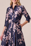 Navy A Line Floral 3/4 Sleeve Maxi Mother of the Bride Dress With Pockets