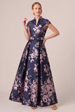 A Line Navy Print Maxi Mother of the Bride Dress With Cap Sleeves