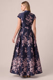 A Line Navy Print Maxi Mother of the Bride Dress With Cap Sleeves