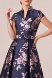 A Line Navy Print Maxi Mother of the Bride Dress With Cap Sleeves
