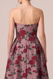 Strapless A Line Burgundy Floral Maxi Mother of the Bride Dress