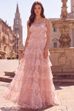 Pink A Line Sequins Spaghetti Straps Ruffled Maxi Prom Dress