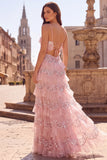 Pink A Line Sequins Spaghetti Straps Ruffled Maxi Prom Dress