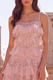 Pink A Line Sequins Spaghetti Straps Ruffled Maxi Prom Dress