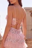 Pink A Line Sequins Spaghetti Straps Ruffled Maxi Prom Dress
