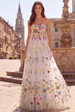 Strapless Corset A Line White Floral Maxi Prom Dress