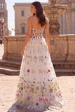 Strapless Corset A Line White Floral Maxi Prom Dress