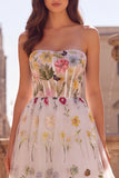 Strapless Corset A Line White Floral Maxi Prom Dress