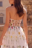 Strapless Corset A Line White Floral Maxi Prom Dress