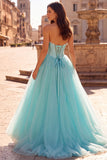 Mint Corset Strapless A Line Maxi Prom Dress With Pearls
