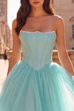 Mint Corset Strapless A Line Maxi Prom Dress With Pearls