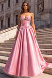 A Line Corset Strapless Pink Satin Maxi Prom Dress With Rhinestone