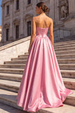 A Line Corset Strapless Pink Satin Maxi Prom Dress With Rhinestone