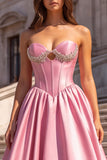 A Line Corset Strapless Pink Satin Maxi Prom Dress With Rhinestone