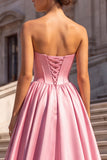 A Line Corset Strapless Pink Satin Maxi Prom Dress With Rhinestone