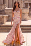 Mermaid Corset Spaghetti Straps Pink Floral Sparkly Maxi Prom Dress