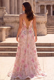 Mermaid Corset Spaghetti Straps Pink Floral Sparkly Maxi Prom Dress
