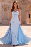 Strapless Sheath Light Blue Satin Maxi Prom Dress With Drapes