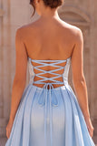 Strapless Sheath Light Blue Satin Maxi Prom Dress With Drapes