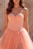 Corset Strapless A Line Pink Maxi Prom Dress With Pearls