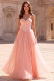 Pink A Line Corset Strapless Maxi Prom Dress With Pearls