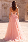 Pink A Line Corset Strapless Maxi Prom Dress With Pearls