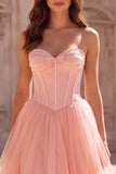 Pink A Line Corset Strapless Maxi Prom Dress With Pearls