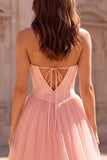 Pink A Line Corset Strapless Maxi Prom Dress With Pearls