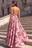 Corset Floral Strapless Pink A Line Maxi Prom Dress With Pearls
