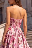 Corset Floral Strapless Pink A Line Maxi Prom Dress With Pearls