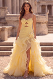 A-Line Ruched Ruffled Yellow Cut Out Long Prom Dress with Slit