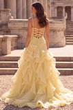 A-Line Ruched Ruffled Yellow Cut Out Long Prom Dress with Slit