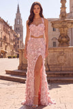 2 Piece Appliqued Halter Sequins A-Line Pink Corset Long Prom Dress with Slit