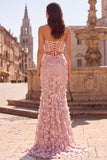 2 Piece Appliqued Halter Sequins A-Line Pink Corset Long Prom Dress with Slit