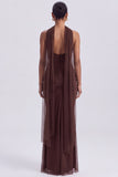 Strapless Ruched Corset Mermaid Brown Long Formal Dress with Neck Scarf