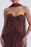 Strapless Ruched Corset Mermaid Brown Long Formal Dress with Neck Scarf