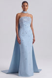 Strapless Rhinestones Light Blue Mermiad Long Formal Dress with Neck Scarf