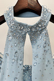 Strapless Rhinestones Light Blue Mermiad Long Formal Dress with Neck Scarf