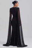 Sequins Mermaid Beaded Long Black Tie Dress with Cape Sleeves