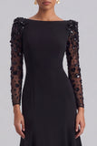 Beaded A-Line Long Sleeve Black Tie Dress