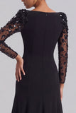 Beaded A-Line Long Sleeve Black Tie Dress