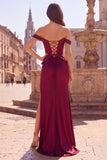 Off The Shoulder Corset Ruched Beaded Burgundy Mermaid Long Prom Dress with Slit
